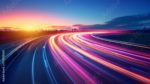 Vibrant abstract neon light trails in motion representing technology and speed on a dark background
