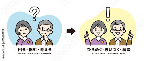 トラブルが解消された、おじいさんとおばあさんの夫婦のベクターイラスト素材＿カラー