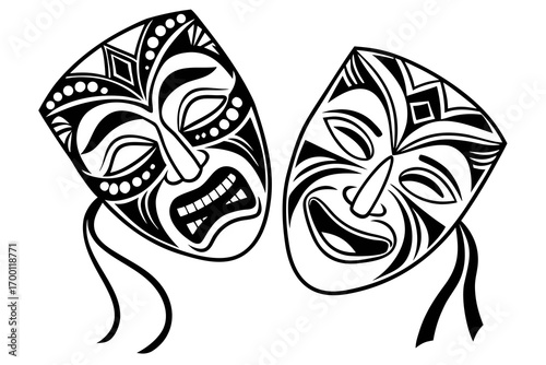 Tribal masks expressing contrasting emotions joy and anger