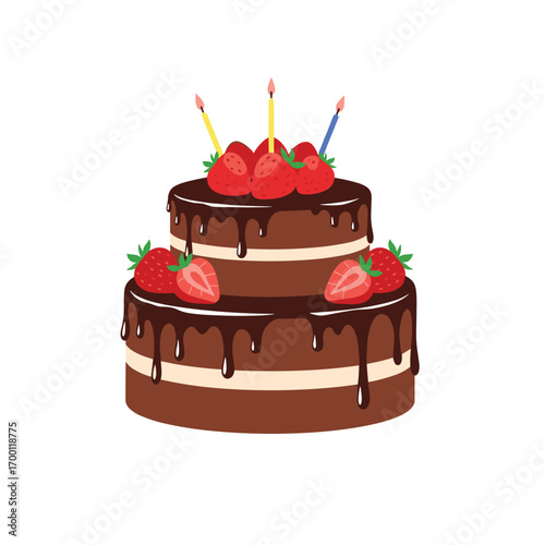 Delicious two tier chocolate strawberry birthday cake with candles and drip frosting