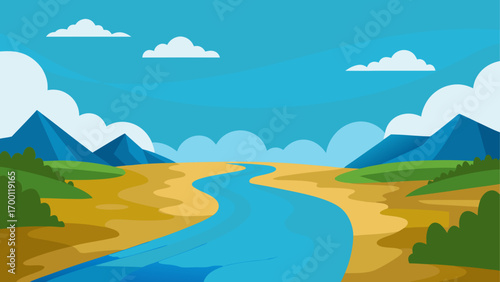 Cartoon landscape with river and mountains