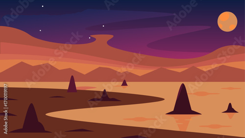 Landscape with moon and mountains at dusk