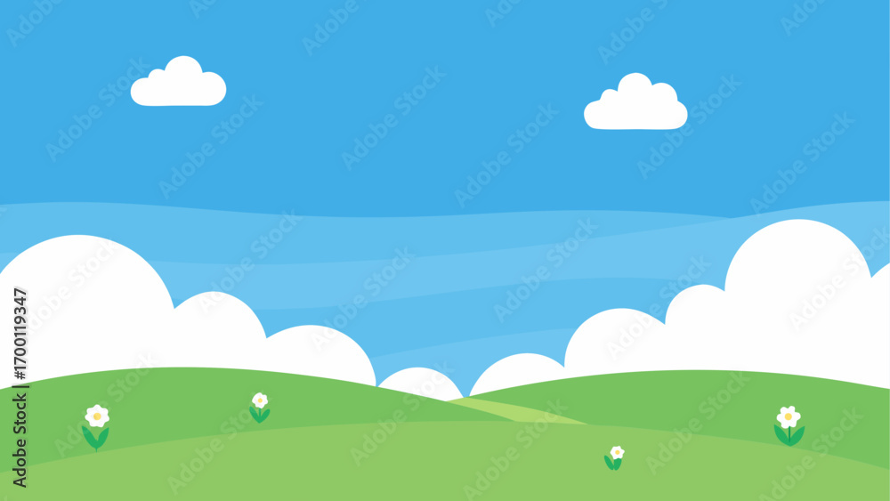 Fototapeta premium Green field with flowers and cloudy sky