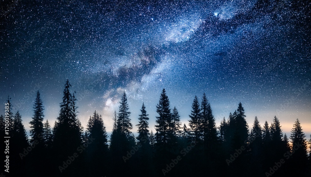 Naklejka premium Enchanting Nighttime Forest Scene With A Starry Galaxy Cosmos Filling The Sky Bathing The Silhouetted Trees In A Mystical Ethereal Glow