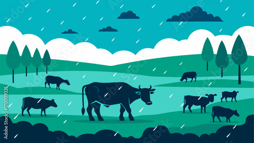 Cows grazing in a field during rainfall