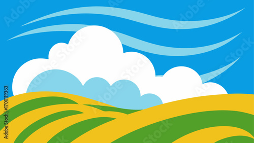 Cartoon landscape with clouds and fields