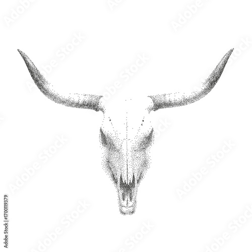 Mystic longhorn cow skull with stipple halftone effect. Gothic tattoo boho occult vector illustration.