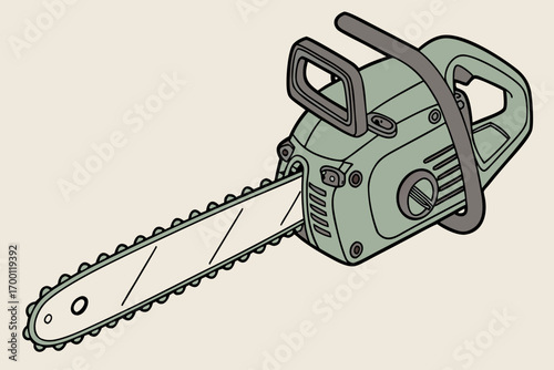 Green chainsaw with silver blade and black handle