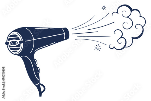 Stylized dark blue hair dryer emitting a swirl of air