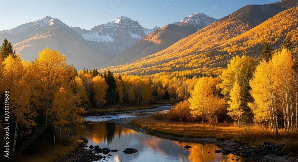Naklejka premium Golden Autumn Forest Trees River Reflecting Majestic Snow Capped Mountain Peaks Warm Sunlight