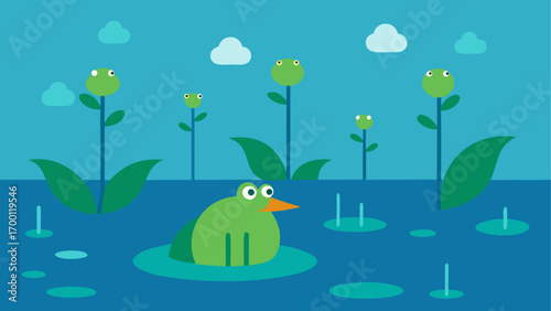Frog sitting in pond with flower plants