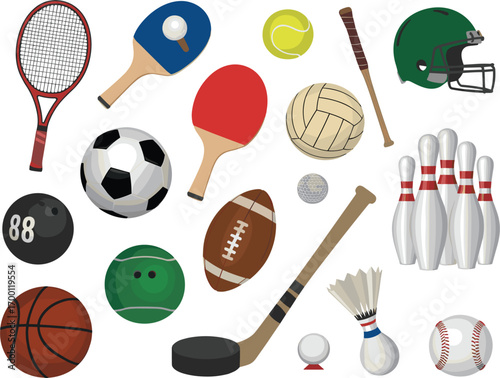 Assortment of Sports Equipment and Balls on White Background Keywords: sports, equipment, balls, tennis, racket, ping pong
