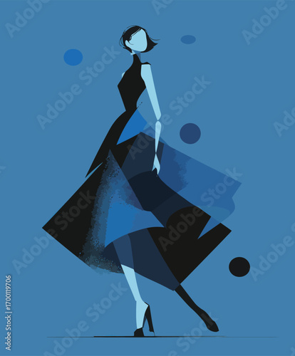Wallpaper Mural A fashionable figure adorned in a flowing blue dress strides forward against a vibrant blue backdrop. The minimalist design highlights elegance and sophistication. Torontodigital.ca