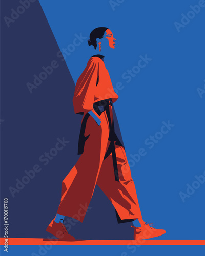 A confident model struts down the runway showcasing a fashionable red outfit. The striking blue backdrop enhances the vibrant colors, captivating the audience.