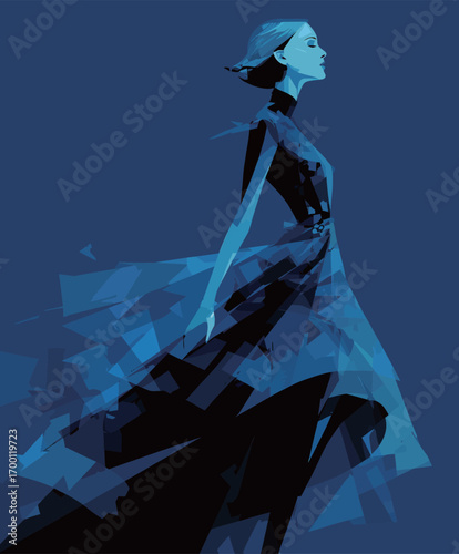 A fashionable woman walks with confidence in a flowing blue dress that billows elegantly around her. The solid blue backdrop highlights her silhouette and movement.