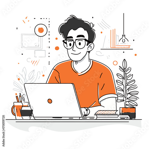 A young man is engaged in work on his laptop at a tidy desk filled with books and office supplies. Indoor plants add a refreshing touch to the workspace.