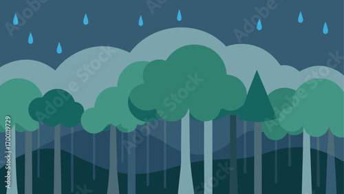 Rainy day in the forest with tall trees
