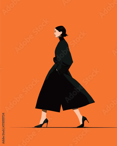 A woman walks confidently in a black coat and high heels on an orange background. Her posture exudes elegance and style, embodying a chic urban fashion moment.