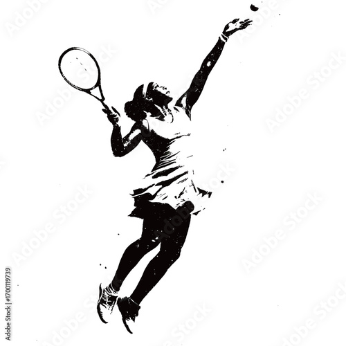 An athlete performs a powerful serve on the tennis court, showcasing skill and strength while suspended in mid-air. This striking silhouette emphasizes motion and intensity.