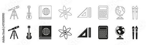 Educational Tools And Instruments Line And Solid Icon Set. Science, Music, Geography, Art Symbol Collection. Isolated Vector Illustration