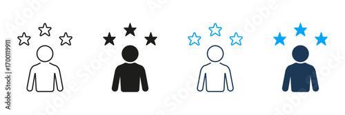 Person With Stars Line And Solid Icon Set. Achievement, Recognition, And Success Symbol Collection. Represents Excellence, Talent, And High Performance. Isolated Vector Illustration