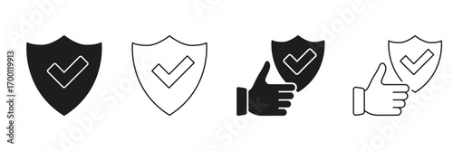 Shield With Checkmark And Thumbs Up Line And Solid Icon Set. Security Assurance And Approval Symbol Collection. Protection And Trust. Isolated Vector Illustration