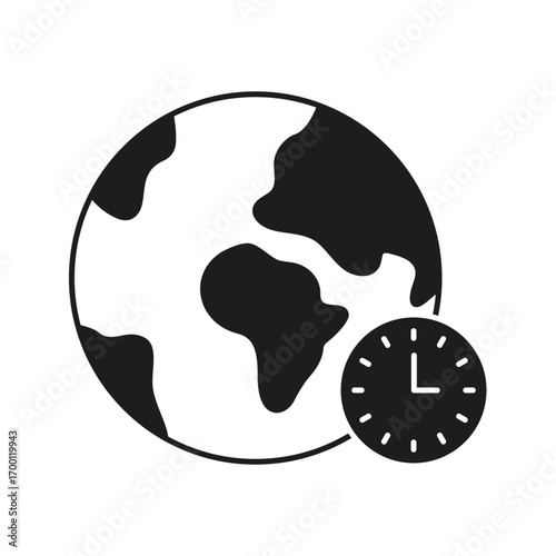 Earth With Clock Solid Icon. Global Time Zones, World Clock, And International Scheduling Silhouette Symbol. Time Management And Coordination. Isolated Vector Illustration