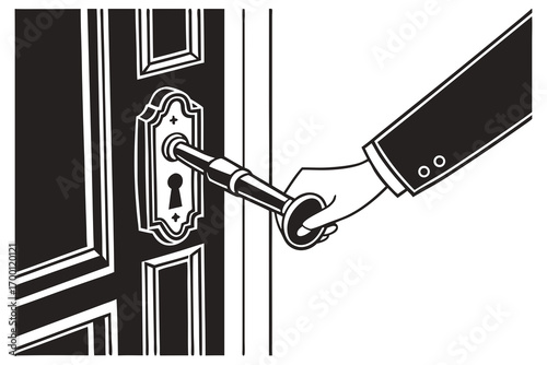 Hand turning door knob to open a dark door