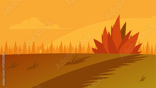 Orange landscape with bush and distant trees