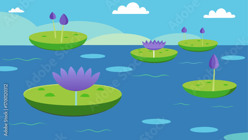 Lily pads floating on a blue water pond