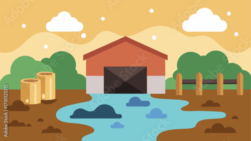 Flooded farm with barn and cloudy sky