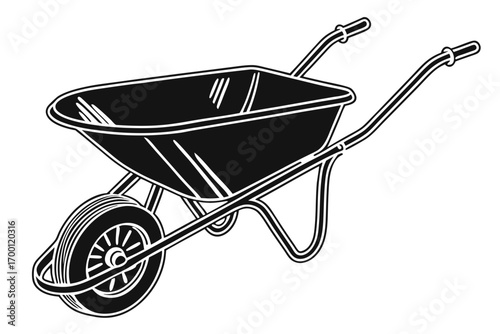 Black and white illustration of a garden wheelbarrow