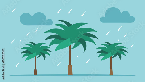 Three palm trees under rain and two clouds