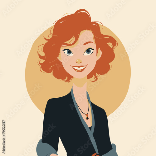 A cheerful woman with vibrant curly red hair smiles warmly, wearing a dark outfit and a necklace, set against a soft yellow background radiating happiness.