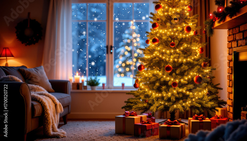 Decorated Christmas tree in cozy living room, realism, festive red -