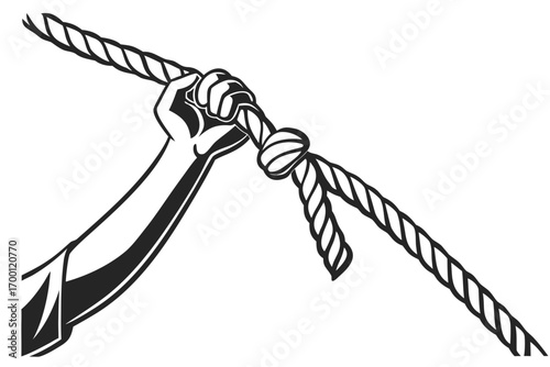 Hand gripping a thick rope with a knot