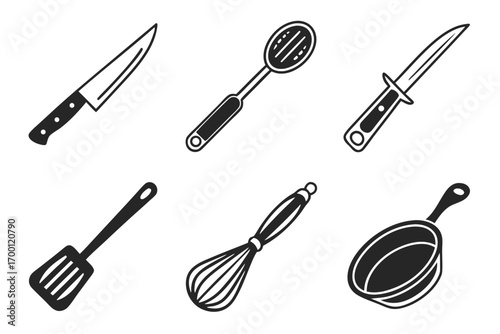 Collection of six black and white kitchen utensil icons