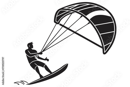 Kitesurfer riding a board on water