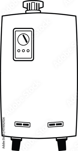 Black and white line drawing of a water heater with a dial and vents Keywords: water heater, boiler, appliance, plumbing, hot