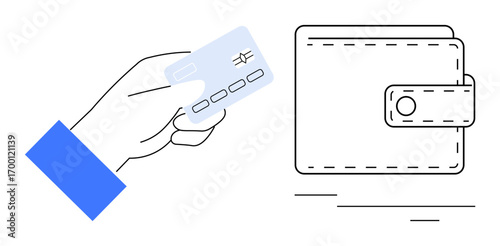 Hand holding credit card facing wallet suggests a transaction. Ideal for finance, e-commerce, payments, banking, economy, modern technology, and budgeting themes. Simple flat metaphor