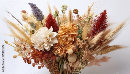 Dried Flower Bouquet With Various Colors And Textures White Isolated Background