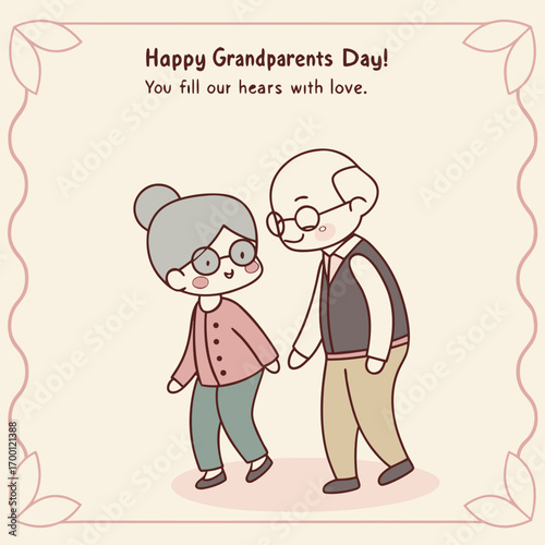 Cute Cartoon Grandparents Couple Celebrating Grandparents Day with Love Message celebration elderly