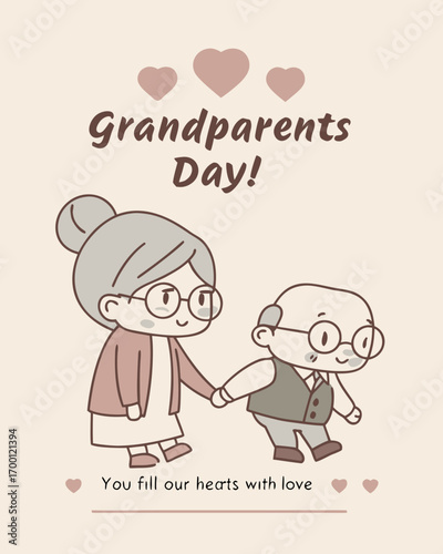 Grandparents Day card with cute elderly couple holding hands and hearts Keywords: grandparents day, grand parents