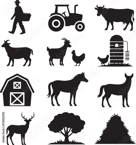 Farm Icons Silhouette Farmer Animals Barn Tractor Silo Tree and Deer vector illustration