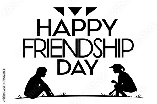 Happy friendship day silhouette of two friends sitting on grass