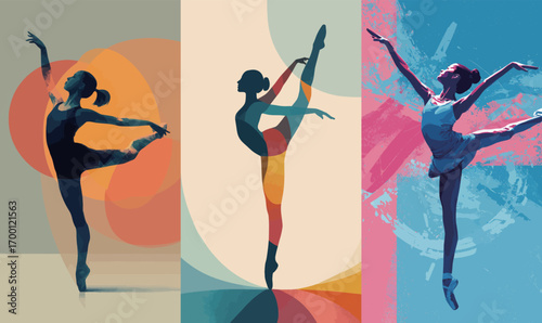 Three vibrant figures capture ballet dancers in mid-performance, emphasizing elegance and motion through colorful abstract art. Each dancer displays unique poses and styles.