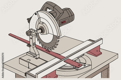 Illustration of a compound miter saw on a workbench