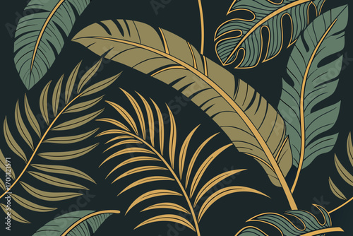 Seamless pattern of stylized tropical leaves in muted green and gold on dark background botanical foliage