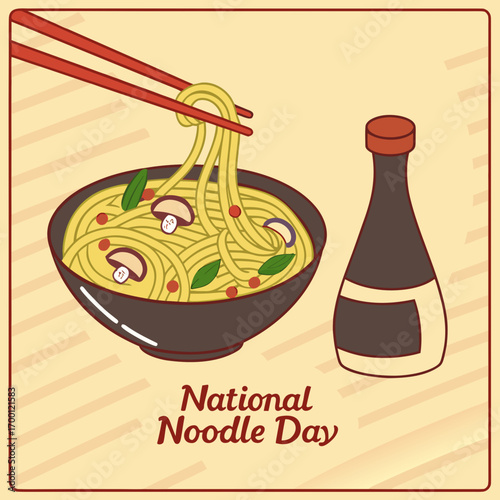 National Noodle Day illustration with chopsticks bowl of noodles and soy sauce food cuisine