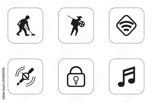 Collection of simple black and white icons for various functions